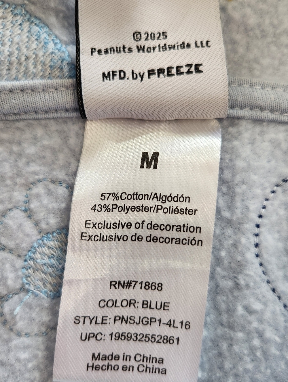 Peanuts Light Blue Snoopy & Woodstock Full-Zip Hoodie Size Medium - Picture 3 of 9